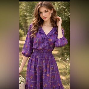 Vtg 80s Jaymee Papell midi dress smocked paisley 3/4 bishop sleeve ruffle granny